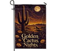 Drapeau de jardin en forme de cactus, lune du désert, loup, automne, doré, double face, en toile de jute décorative pour extérieur, terrasse, pelouse, porche, balcon, 30,5 x 45,7 cm