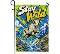 Drapeau de jardin en forme de chèvre, bande dessinée avec étoiles éclair vives bleu été double face en toile de jute pour extérieur, terrasse, pelouse, porche, entrée, camping 30,5 x 45,7 cm