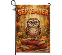 Drapeau de jardin en forme de chouette, livres saisonniers fantaisie, feuilles d'automne marron double face, drapeaux décoratifs d'extérieur pour pelouse, porche, terrasse, entrée, 30,5 x 45,7 cm