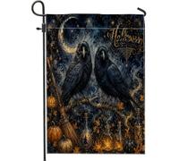 Drapeau de jardin en forme de corbeau - Citrouilles mystiques gothiques - Balai d'Halloween - Double face - Noir - Décoration extérieure pour extérieur, porche, pelouse, terrasse, terrasse - 30,5 x