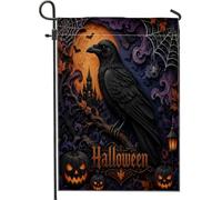 Drapeau de jardin en forme de corbeau, style gothique, citrouilles, araignée, Halloween, en toile de jute noire, double face, pour extérieur, terrasse, pelouse, porche, entrée, camping, 30,5 x 45,7 cm