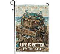 Drapeau de jardin en forme de crabe, coquillages de poissons nautiques côtiers, bleu d'été, drapeaux décoratifs double face en toile de jute pour extérieur, pelouse, porche, terrasse, entrée, 30,5 x
