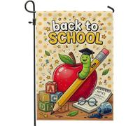 Drapeau de jardin en forme de fruits, vers crayon coloré ludique pour retour au campus rouge double face en toile de jute pour extérieur, pelouse, porche, terrasse, entrée 30,5 x 45,7 cm
