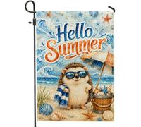 Drapeau de jardin en forme de hérisson, coquille de parasol de plage d'été en toile de jute bleue double face, drapeaux décoratifs pour extérieur, terrasse, pelouse, porche, balcon, 30,5 x 45,7 cm