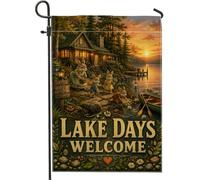 Drapeau de jardin en forme de lapin, chalet rustique nature lac été vert toile de jute double face décoratifs pour extérieur, porche, pelouse, terrasse, 30,5 x 45,7 cm