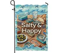 Drapeau de jardin en forme de poisson en conserve, style côtier décontracté avec olives et pain en toile de jute bleue d'été double face pour extérieur, terrasse, pelouse, porche, balcon, 30,5 x 45,7
