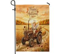 Drapeau de jardin en forme de tracteur, ange fantaisiste d'automne, feuilles d'automne, orange, double face, en toile de jute décorative pour extérieur, terrasse, pelouse, porche, balcon, 30,5 x 45,7