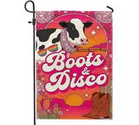 Drapeau de jardin en forme de vache, bottes rétro ludiques, boule disco d'été, pêche, double face, petit drapeau de jardin, cour, pour extérieur, pelouse, porche, terrasse, entrée, 30,5 x 45,7 cm