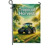 Drapeau de jardin en toile de jute double face motif tracteur rustique tropical récolte de fleurs de palmier vert 30,5 x 45,7 cm