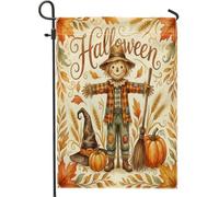 Drapeau de jardin épouvantail - Citrouilles festives saisonnières - Balai d'Halloween - En toile de jute - Double face - Petit drapeau de jardin pour extérieur, terrasse, pelouse, porche, balcon