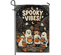 Drapeau de jardin fantôme, citrouilles caricaturales ludiques, balai, Halloween, orange, double face, en toile de jute, drapeaux décoratifs pour extérieur, terrasse, pelouse, porche, entrée, camping