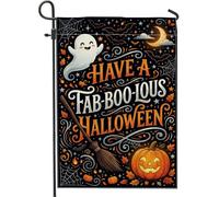 Drapeau de jardin fantôme, citrouilles fantaisistes festives, balai, Halloween, noir, double face, en toile de jute décorative, pour extérieur, pelouse, porche, terrasse, entrée, 30,5 x 45,7 cm