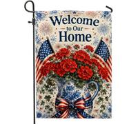 Drapeau de jardin géraniums vintage patriotique - Vase d'été rouge double face en toile de jute - Petit drapeau de jardin pour extérieur, terrasse, pelouse, porche, entrée, camping - 30,5 x 45,7 cm