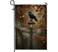 Drapeau de jardin gothique corbeau 30,5 x 45,7 cm | Lampadaire antique, drapeau de pelouse, feuilles d'érable, forêt brumeuse, gothique érudit, style gothique vintage