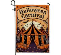 Drapeau de jardin Halloween Carnaval Cirque Tente 30,5 x 45,7 cm | Thème du cirque effrayant, drapeau de cour, guirlandes lumineuses, toiles d'araignée, chauves-souris, citrouilles