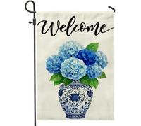 Drapeau de jardin Hortensia, motif floral traditionnel, feuilles de vase, bleu printanier, double face, en toile de jute, petit drapeau de jardin pour porche, pelouse, terrasse, 30 x 45 cm (12 x 18 p
