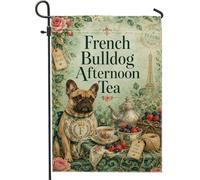 Drapeau de jardin pour chien, ensemble de thé français vintage, fleurs vertes printanières, drapeaux décoratifs double face en toile de jute pour extérieur, porche, pelouse, terrasse, 30,5 x 45,7 cm