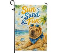 Drapeau de jardin pour chien, plage d'été, coquille de palmier, bleu d'été, double face, en toile de jute décorative pour extérieur, terrasse, pelouse, porche, entrée, camping, 30,5 x 45,7 cm