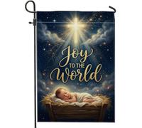 Drapeau de jardin religieux avec citation religieuse Joy to the World 30,5 | Croix lumineuse, drapeau de cour, berceau de mangeoire, citation religieuse, décoration de cour extérieure