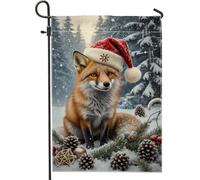 Drapeau de jardin renard, motif bonnet de Père Noël, neige, toile de jute rouge double face, décoratif pour l'extérieur (pelouse, porche, patio, entrée), 30 x 45 cm