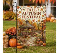 Drapeau de jardin Scène de récolte d'automne 30,5 x 45,7 cm | Feuillage d'automne, drapeau de pelouse, citrouilles, tonnelle de jardin, lampadaire rustique, décoration extérieure