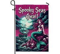 Drapeau de jardin sirène gothique fantaisie, crânes de bateau d'Halloween violet en toile de jute double face pour extérieur, terrasse, pelouse, porche, entrée, camping 30,5 x 45,7 cm