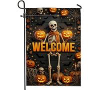 Drapeau de jardin squelette, citrouilles festives d'Halloween, chauve-souris, orange, toile de jute double face, drapeaux décoratifs pour extérieur, terrasse, pelouse, porche, balcon, 30,5 x 45,7 cm