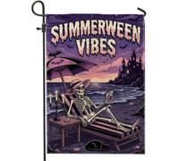 Drapeau de jardin squelette fantastique, parapluie de plage effrayant château d'été violet double face en toile de jute pour extérieur, terrasse, pelouse, porche, balcon 30,5 x 45,7 cm