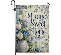Drapeau de jardin tulipes vintage rustique - Vase à fleurs bleu printemps double face en toile de jute - Petit drapeau de jardin pour extérieur, porche, pelouse, terrasse, 30,5 x 45,7 cm