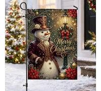 Drapeau de jardin victorien bonhomme de neige d'hiver de Noël 30,5 x 45,7 | Style victorien, drapeau de pelouse, fleurs de poinsettia, lampadaire orné, pommes de pin, décoration de jardin d'hiver