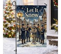 Drapeau de jardin vintage avec citation musicale des chanteurs d'hiver 30,5 | Drapeau victorien en laiton, drapeau de pelouse, rue du village enneigé, lampadaire vintage, instruments de musique
