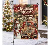 Drapeau de jardin vintage sur le thème de la nuit du film de Noël 30,5 x | Golden Retriever, drapeau de cour, chat tigré, bonhommes de neige, seau à popcorn, guirlande lumineuse