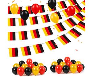 Drapeau de l'Allemagne - Décoration de ballons noirs et dorés - 30 ballons et 25 drapeaux - Guirlande de fanions de 8 m - Noir rouge doré - Article de fan pour fête