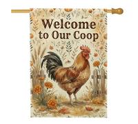 Drapeau de maison à coq, art ferme rustique avec clôture de fleurs d'automne marron en toile de jute double face pour extérieur, terrasse, cour, pelouse, entrée, balcon, 71 x 101 cm