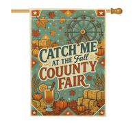 Drapeau de maison à grande roue sur le thème de la foire du comté d'automne | Thème récolte d'automne, drapeau de cour, graphique de cidre épicé, accents rustiques de balle de foin