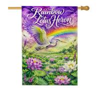 Drapeau de maison à héron, nature fantaisie nénuphar arc-en-ciel printemps violet toile de jute double face extérieur grand drapeau de jardin pour extérieur, terrasse, cour, pelouse, entrée, balcon 71