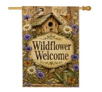 Drapeau de maison à oiseaux, papillon naturel rustique avec fleurs sauvages, marron printanier, double face en toile de jute décorative pour extérieur, pelouse, cour, patio, entrée, 71,1 x 101,6 cm
