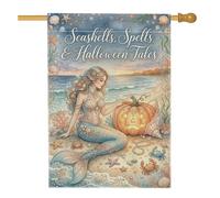 Drapeau de maison avec citation de sirène d'Halloween 71,1 x 101,6 cm | Jack-o'-lantern, drapeau de pelouse, coquillages, étoile de mer, crabe, paysage côtier, art fantastique