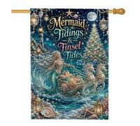 Drapeau de maison avec citation de sirène fantaisie 71,1 x 101,6 cm | Traîneau hippocampes, drapeau de cour, scène d'hiver sous-marine, lanternes étincelantes, décoration de vacances nautique