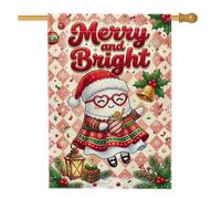 Drapeau de maison avec citation Merry And Bright Ghost 71,1 x 101,6 cm | Chapeau de Père Noël, drapeau de cour, verres en forme de cœur, tasse à cacao, pain d'épices, lanterne, houx, boîte cadeau