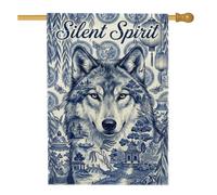 Drapeau de maison avec loup - Lanterne naturelle asiatique - Sans toile de jute bleue - Double face - Drapeaux décoratifs pour extérieur, terrasse, pelouse, entrée, camping - 71 x 101 cm