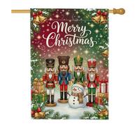 Drapeau de maison Casse-noisette et bonhomme de neige 71 x 101 cm | Bonhomme de neige, drapeau de cour, boîtes cadeaux, branches de pin, lumières étincelantes, paysage d'hiver
