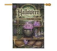 Drapeau de maison chaudron de sorcière mystique avec citation d'Halloween | Thème sorcellerie, drapeau de cour, accents de livre de sorts, bouteilles de potion, décoration de jardin, entrée saisonnière