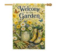 Drapeau de maison chrysanthème, printemps nature papillon arrosoir en toile de jute jaune double face extérieur grand drapeau de jardin pour extérieur, terrasse, pelouse, entrée, camping 71,1 x 101,6