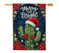 Drapeau de maison citation cactus de Noël 71 x 101,6 cm | Fleurs de poinsettia, drapeau de cour, chapeau de Père Noël, guirlande lumineuse, nuit étoilée, jardin d'hiver