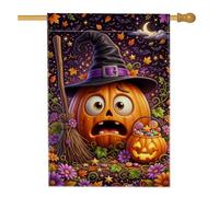 Drapeau de maison citrouilles, chapeau de balai festif fantaisie pour Halloween orange double face en toile de jute pour extérieur, terrasse, pelouse, entrée, camping 71 x 101,6 cm