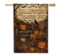 Drapeau de maison citrouilles chasse au trésor Halloween 71 x 101 cm | Feuilles d'automne, drapeau de pelouse, chat, balle de foin, clôture en bois rustique, atmosphère effrayante