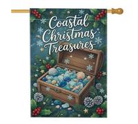 Drapeau de maison coffre au trésor de Noël côtier 71,1 x 101,6 cm | Verre de mer, drapeau de pelouse, coquillages, branches de pin, baies de houx, saison d'hiver, thème côtier