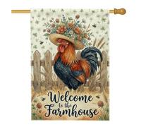 Drapeau de maison de coq, chapeau de fleurs rustiques en toile de jute rouge printanière, double face, décoration extérieure pour porche, terrasse, pelouse, entrée, camping, 71,1 x 101,6 cm