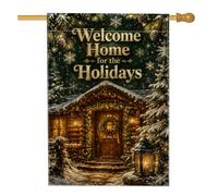Drapeau de maison de Noël avec cabane en bois d'hiver, 71,1 x 101,6 cm | Pin enneigé, drapeau de cour, lanterne chaude lumineuse, thème cabane d'hiver, panneau de bienvenue saisonnier